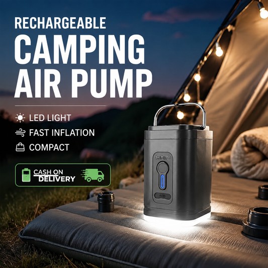 🏕️ Rechargeable Camping Air Pump – LED Light, Fast Inflation, Compact 🔋