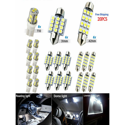 20-Piece LED Car Lighting Kit: Includes roof lights, T10 parking lights, dual-tip reading lights, license plate lights, and interior lights