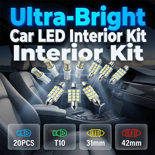 20-Piece LED Car Lighting Kit: Includes roof lights, T10 parking lights, dual-tip reading lights, license plate lights, and interior lights