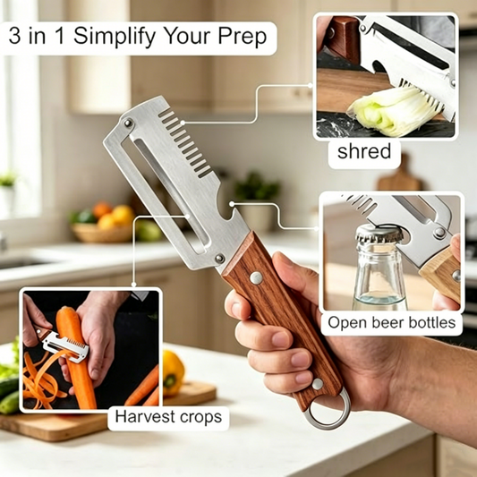 🥕 3-in-1 Vegetable Peeler with Bottle Opener – Julienne & Shredding Tool, Stainless Steel Blade, Wood‑Grip Handle – Must‑Have Kitchen Gadget for Effortless Prep