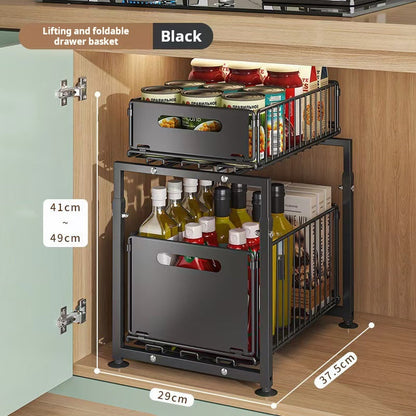 💪🥫Double-Tier Pull-Out Shelf Cabinet Organiser – 5 Height Adjustments, 2 Pull-Out Tiers, Carbon Steel & Large Capacity – No Assembly Required ✨