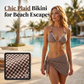 🌟50% Off Summer Hot Sale💕Women Three-Piece Halter Bikini Set with Wrap Skirt Brown Plaid Swimsuit👙🌸