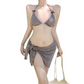 🌟50% Off Summer Hot Sale💕Women Three-Piece Halter Bikini Set with Wrap Skirt Brown Plaid Swimsuit👙🌸
