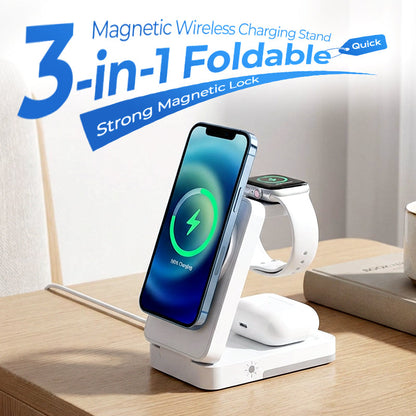 🔥 50% OFF! 🔋 3-in-1 Foldable Magnetic Charging Stand | Wireless Charging Station for Phone, Watch & Earbuds | Compact & Space-Saving ✨